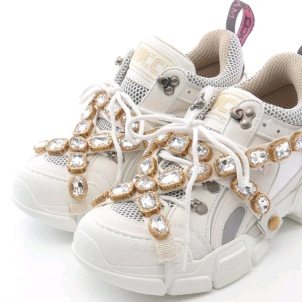 Gucci White and Gold Crystal Sneakers